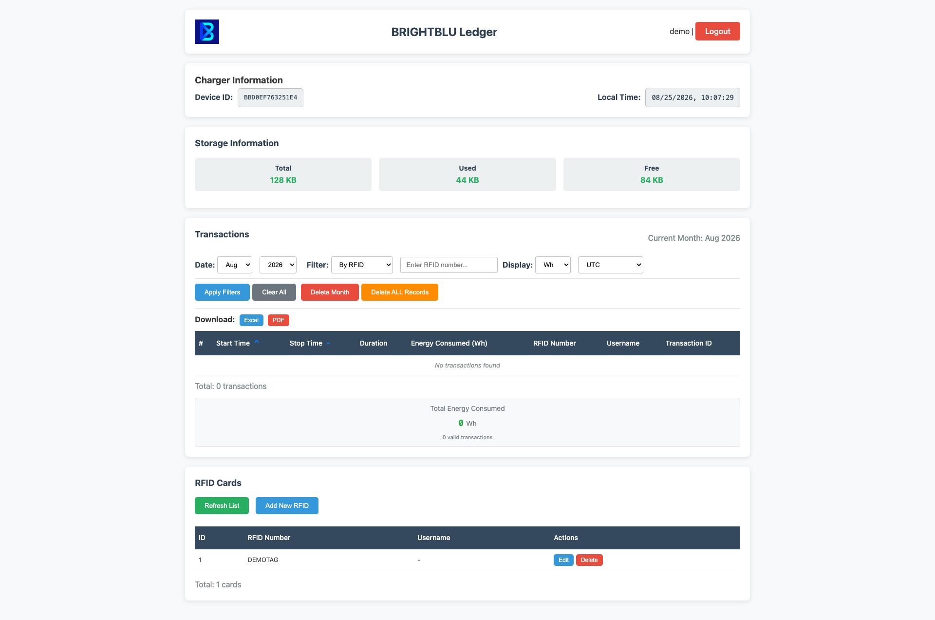 The Transaction Monitor dashboard — charger info, storage, the session ledger and RFID cards